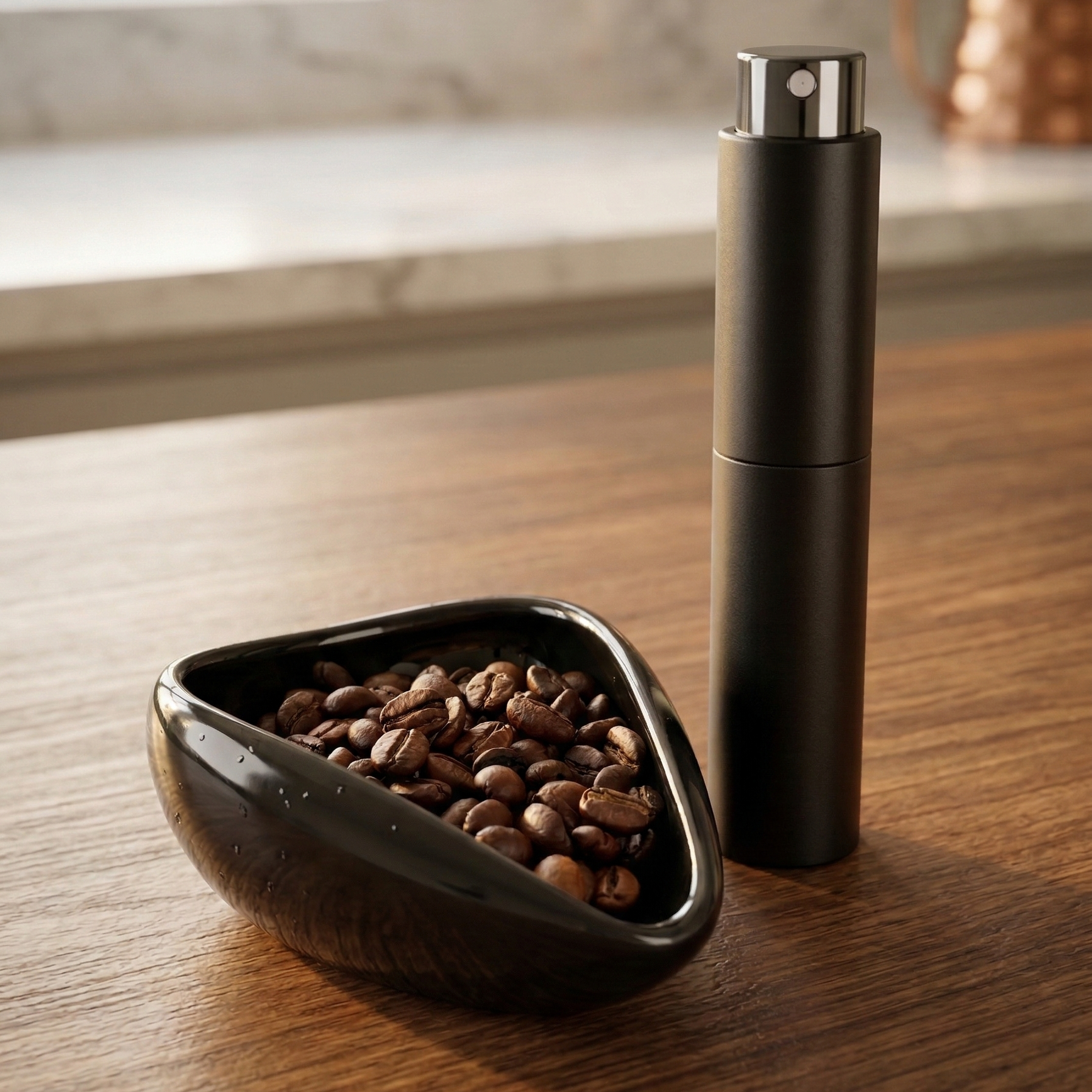 A photograph of a black ceramic coffee bean dosing tray with roasted coffee beans inside and a matching matte black RDT spray bottle resting on a warm wooden kitchen table. The lighting is soft and natural, highlighting the clean, modern textures of the barista tools.