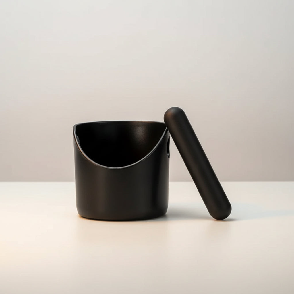 Black coffee knock box on a white surface.