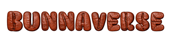 Text 'BUNNAVERSE' made of coffee beans on a green background
