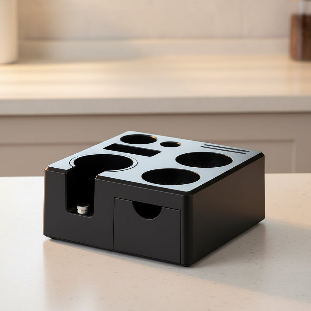 Espresso Tamping Station and Organizer with multiple cavities on a white background.