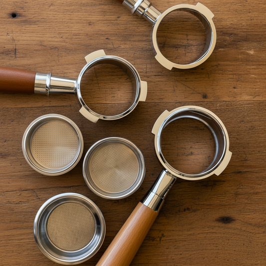 Portafilters with wooden handles on a wooden table